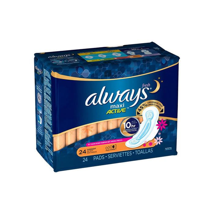 Always Fresh Maxi Active Overnight Pads with Flexi-Wings 24 ea