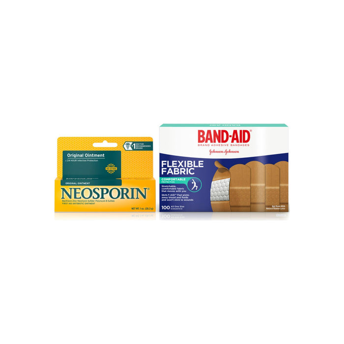 Band Aid Brand Flexible Fabric Adhesive Bandages For Minor Wound Care 100 ea & Neosporin Original Ointment for 24-Hour Infection Protection 1 oz 1 ea