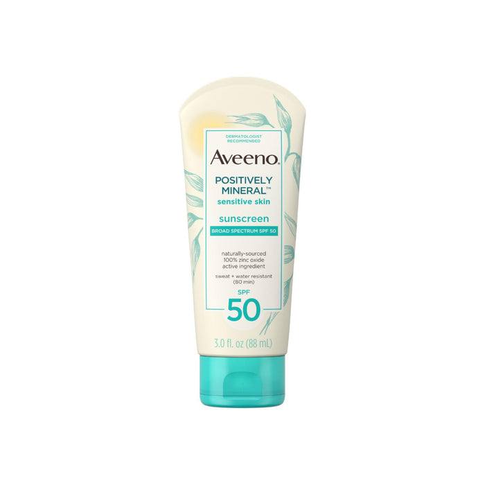 Aveeno Positively Mineral Sensitive Skin Daily Sunscreen Lotion with SPF 50 Sheer Sunscreen for Face & Body, TSA-Friendly Travel-Size 3 oz