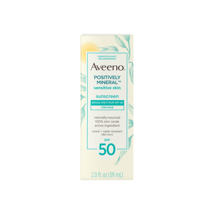 Aveeno Positively Mineral Sensitive Skin Daily Sunscreen Lotion for Face, Broad Spectrum SPF 50 Facial Sunscreen, Travel-Size, 2  oz