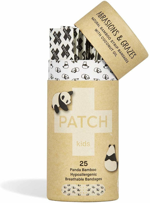PATCH Kids Organic Bamboo Adhesive Strip Bandages with Coconut Oil, Panda Print, 25 ct