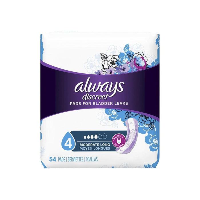 Always Discreet Pads, Bladder Protection, Long Length, Moderate Absorbency 54 ea