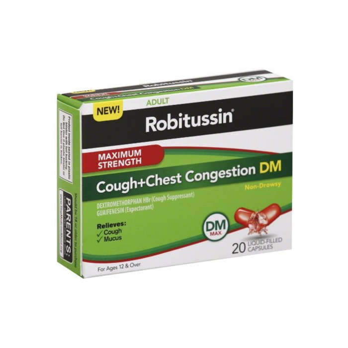 Robitussin Cough + Chest Congestion DM Liquid-Filled Capsules Maximum Strength 20 ea