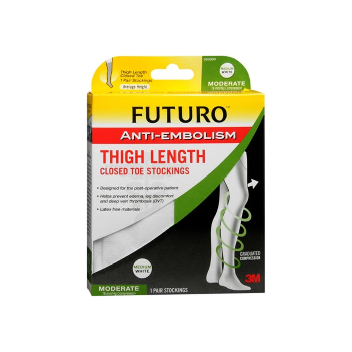 FUTURO Anti-Embolism Stockings Thigh Length Closed Toe 18mm/Hg Medium Regular White 1 Pair