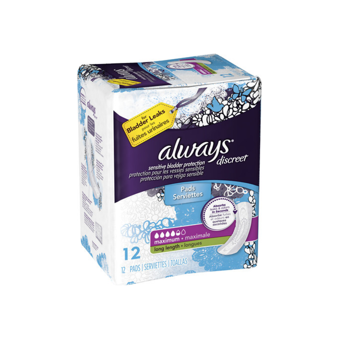 Always Discreet Incontinence Maximum Absorbency Pads, Long 12 ea