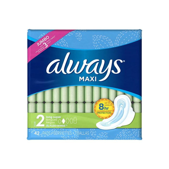 Always Maxi Super Absorbency Size 2 Long Pads with Wings, Unscented 42 ea