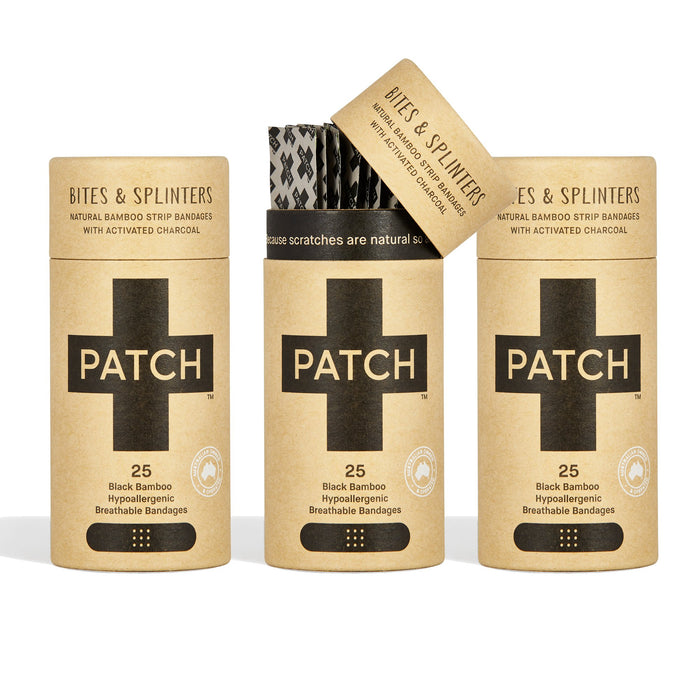PATCH Organic Bamboo Adhesive Strip Bandages with Activated Charcoal, Black, 25 ct (Pack of 3)