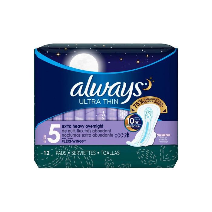 Always Ultra Thin Xtra-Heavy Overnight Pads with Flexi-Wings, Size 5 12 ea