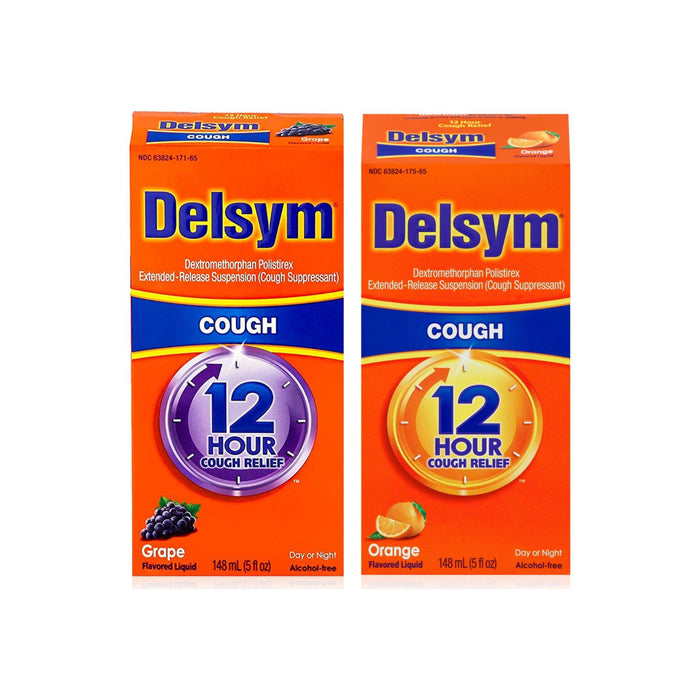 Delsym Adult 12 Hr Cough Relief Liquid, Grape 5 oz & Delsym Adult 12 Hr Cough Relief Liquid, Orange 5 oz 1 ea