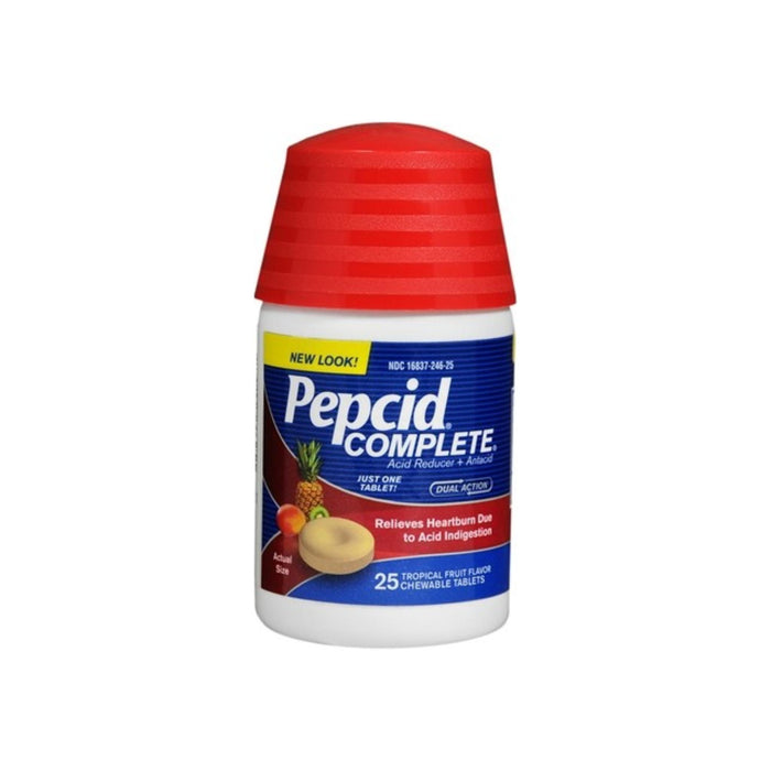 Pepcid Complete Dual Action Acid Reducer + Antacid Chewable Tablets Tropical Fruit Flavor 25 Tablets