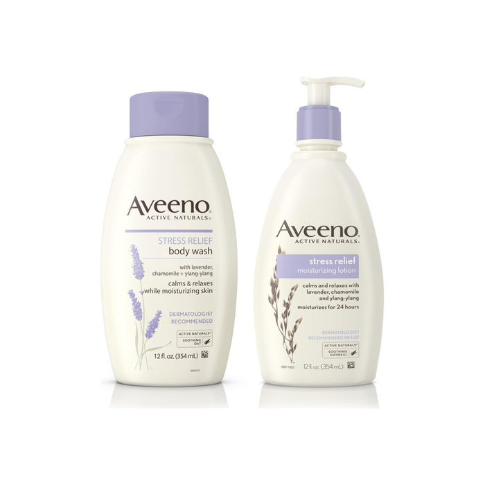 AVEENO Stress Relief Body Wash With Lavender, Chamomile & Ylang-Ylang Oils 12 oz & Aveeno Stress Relief Lotion To Calm & Relax 12 oz ea