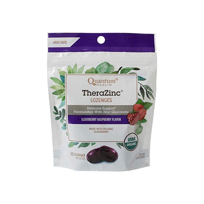 Quantum Organic TheraZinc Lozenges Immune Support for Cough Relief Elderberry Raspberry Flavor, 18 ct
