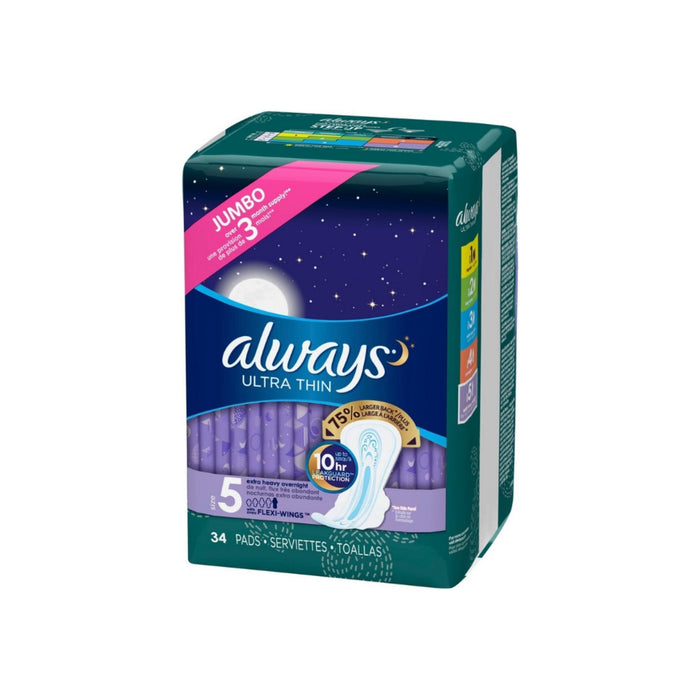 Always Ultra Thin Extra Heavy Overnight Pads, Size 5, 34 ea