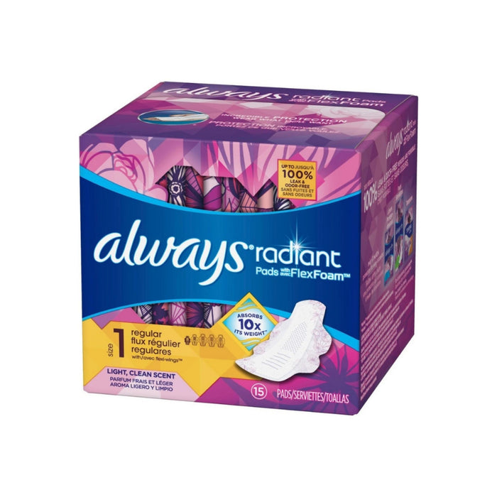 Always Radiant Infinity Pads With Wings Regular Light Clean Scent, 15 ea