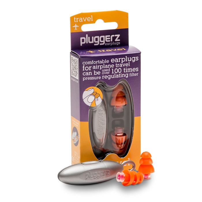 Pluggerz Uni-Fit Travel Earplugs, Anti-Allergic Silicone, Unique Pressure Regulating Filter - Over 100 uses, Includes 1 Set of Ear Plugs and Handy Pouch - BY COMFOOR