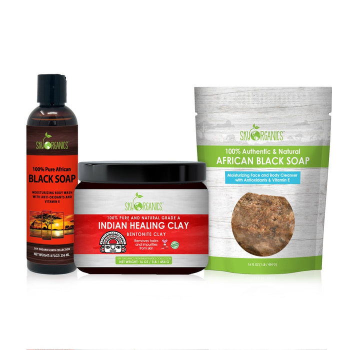 Sky Organics Clarify + Cleanse Set: Indian Healing Clay Mask, African Black Soap Body Wash, and Raw African Black Soap Bar 1 ea