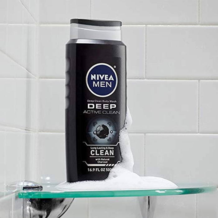 NIVEA Men Deep Active Clean Body Wash - 8-Hour Fresh Scent with Natural Charcoal - 16.9 Fl. Oz. Bottle (Pack of 3)