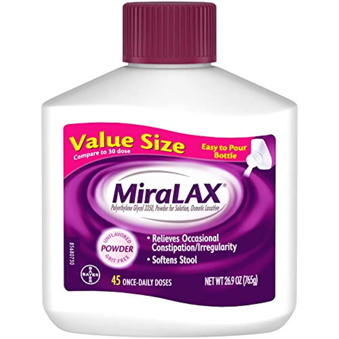 MiraLAX Laxative Powder for Gentle Constipation Relief, #1 Dr. Recommended Brand, 45 Dose Polyethylene Glycol 3350, stimulant-free, softens stool