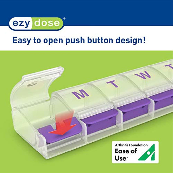 Ezy Dose Push Button (7-Day) Pill, Medicine, Vitamin Organizer Box | Weekly, 2 Times a Day, AM PM | Large Compartments | Arthritis Friendly | Clear Lids