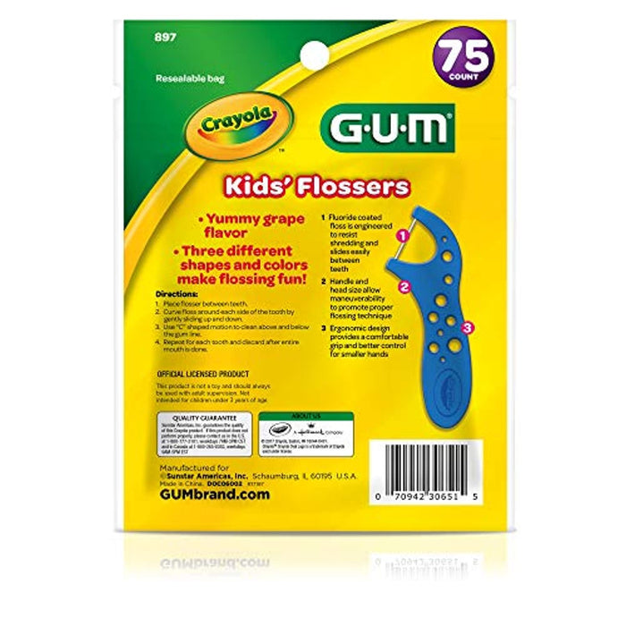 GUM Crayola Kids' Flossers, Grape, Fluoride Coated, Ages 3+, 75 Count