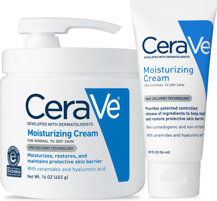 CeraVe Moisturizing Cream Combo Pack | Contains 16 Ounce with Pump and 1.89 Ounce Travel Size | Fragrance Free
