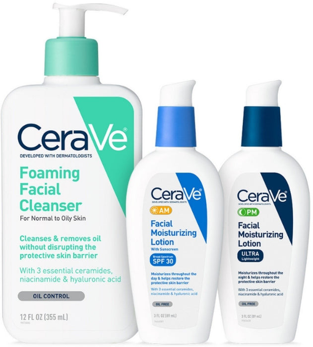 CeraVe Daily Skincare for Oily Skin | Foaming Face Wash, AM Face Moisturizer with SPF 30, and PM Facial Lotion 1 ea