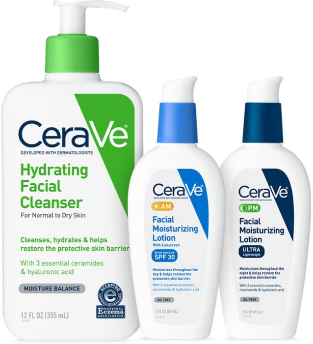 CeraVe Daily Skincare for Dry Skin | Hydrating Face Wash, AM Face Moisturizer with SPF 30, and PM Facial Lotion 1 ea