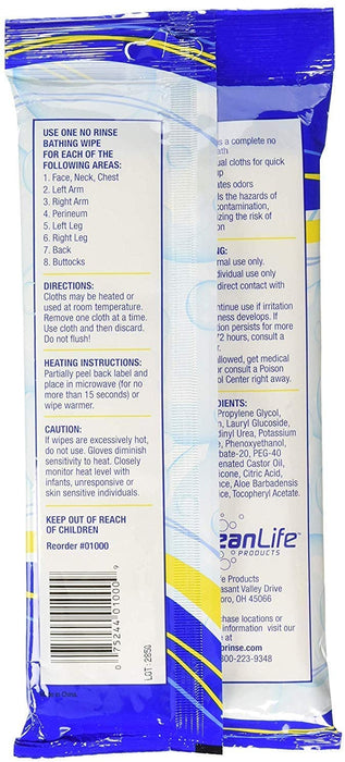 No Rinse Bathing Wipes by Cleanlife Products Premoistened and Aloe Vera Enriched for Maximum Cleansing and Deodorizing 8 ea