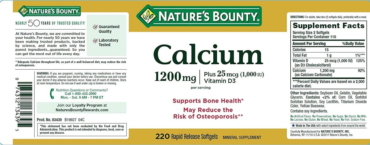Nature's Bounty Calcium 1200mg + D Softgels 120 ea
