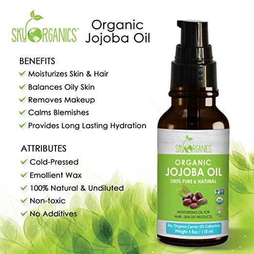 Sky Organics USDA Organic Jojoba Oil Unrefined, 100% Pure, Cold-Pressed, Organic Jojoba Oil - Moisturizing & Healing, For Dry & Oily Skin, Acne, Frizzy Hair - For Skin, Hair and Nail Care, 4 oz