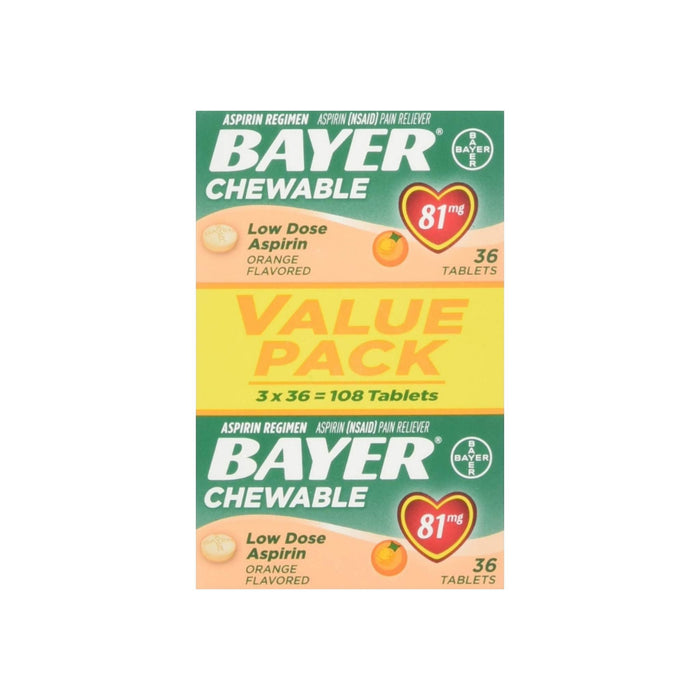 Bayer Chewable Low Dose Aspirin 81 mg Tablets Orange Value Pack 108 Tablets