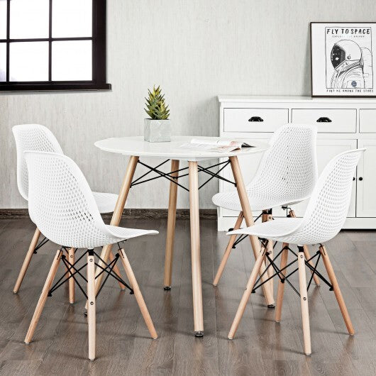 4 Pcs Modern Plastic Hollow Chair Set with Wood Leg-White - Color: White