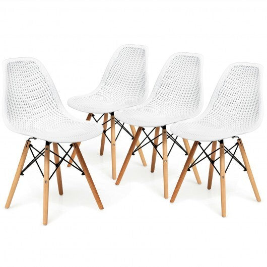 4 Pcs Modern Plastic Hollow Chair Set with Wood Leg-White - Color: White