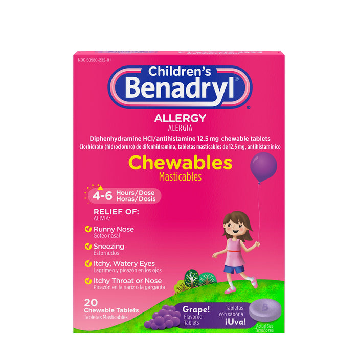Benadryl Children's Allergy Chewable Tablets, Grape Flavored 20 ea
